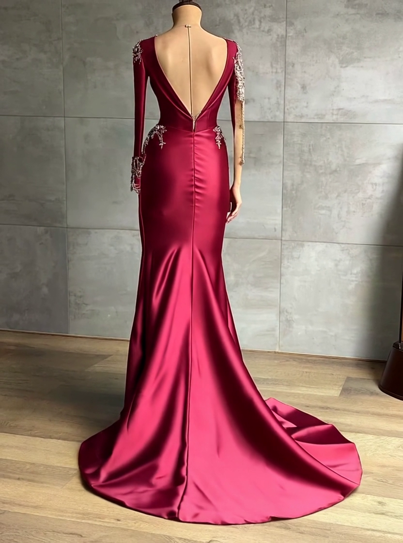 BMbridal Burgundy Long Sleeves Mermaid Prom Dress With Beadings-BMbridal
