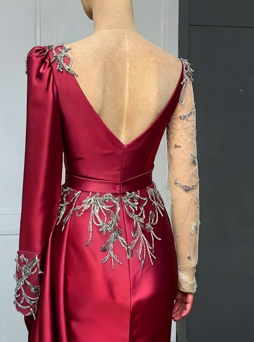 BMbridal Burgundy Long Sleeves Mermaid Prom Dress With Beadings-BMbridal