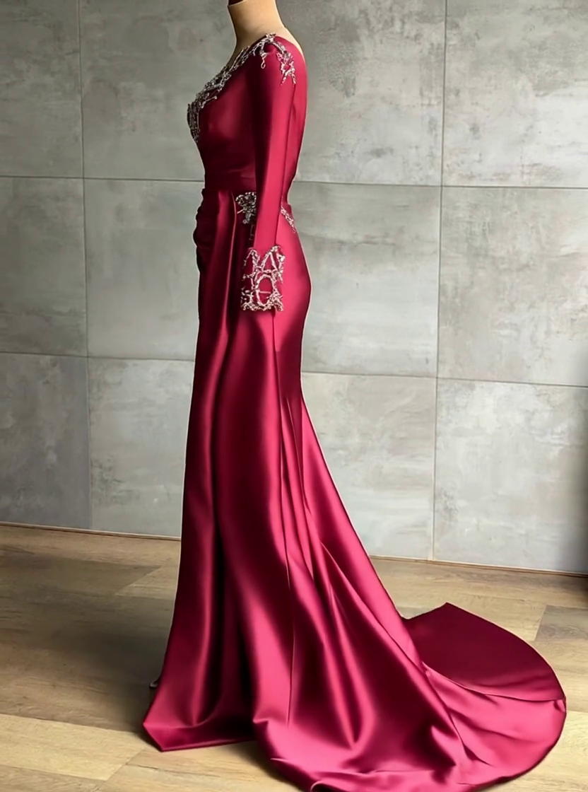 BMbridal Burgundy Long Sleeves Mermaid Prom Dress With Beadings-BMbridal