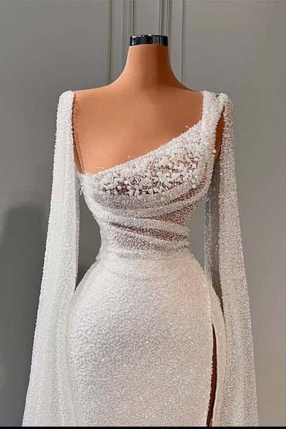 Glamorous A-line Sequined Split Wedding Dresses With Beads-BMbridal.com