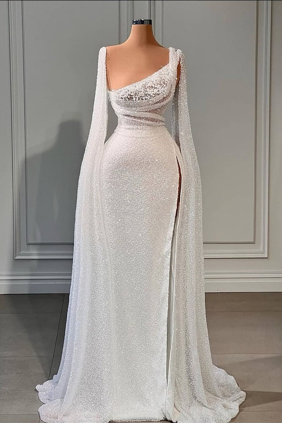 Glamorous A-line Sequined Split Wedding Dresses With Beads-BMbridal