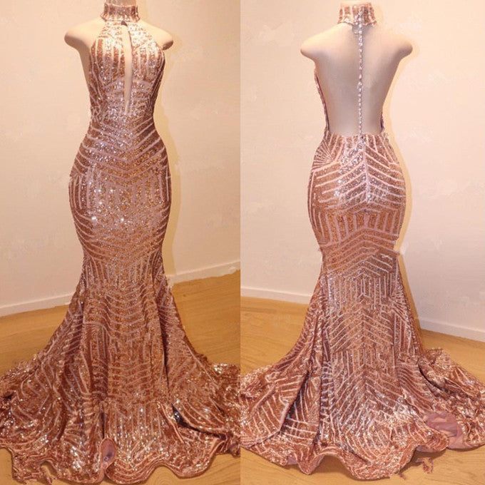Glamorous High-Neck Sleeveless Sequins Mermaid Long Sequins Evening Gowns-BMbridal.com