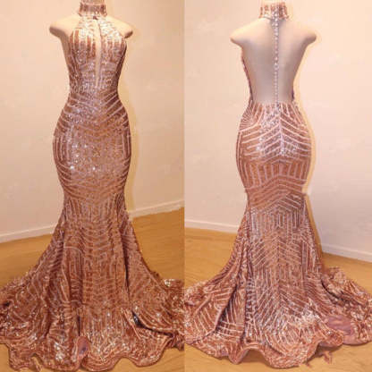 Glamorous High-Neck Sleeveless Sequins Mermaid Long Sequins Evening Gowns-BMbridal.com
