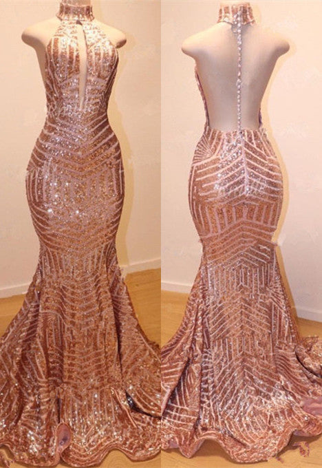 Glamorous High-Neck Sleeveless Sequins Mermaid Long Sequins Evening Gowns-BMbridal.com