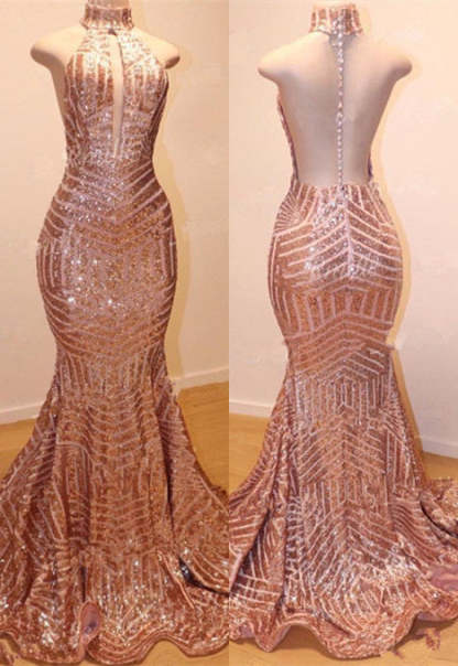 Glamorous High-Neck Sleeveless Sequins Mermaid Long Sequins Evening Gowns-BMbridal.com
