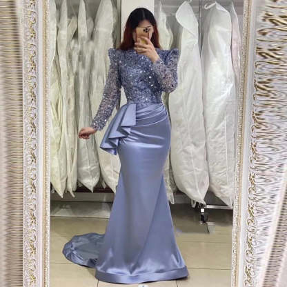 Glamorous Lavender Long Mermaid High Neck Beading Prom Dress With Long Sleeves-BMbridal.com