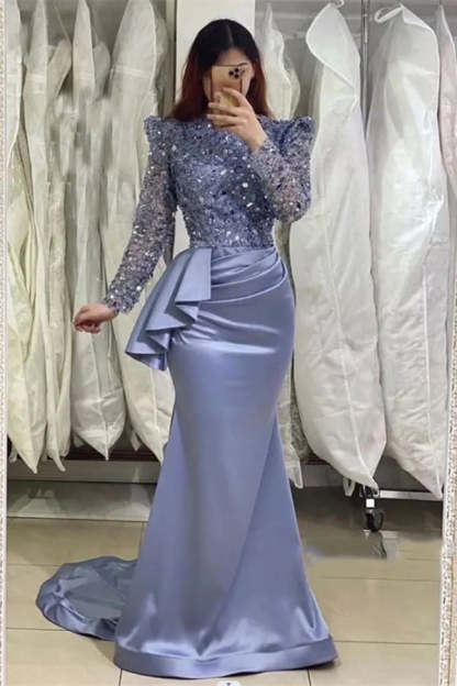 Glamorous Lavender Long Mermaid High Neck Beading Prom Dress With Long Sleeves-BMbridal.com