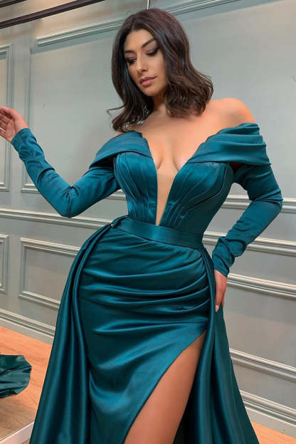 Glamorous Long A-line Off-the-shoulder V-neck Satin Prom Dress With Long Sleeves-BMbridal.com