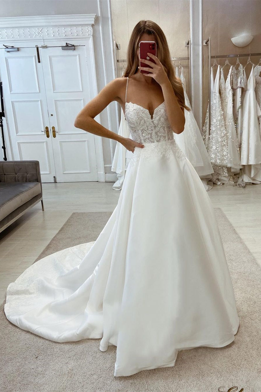 Glamorous Long A-line Sleeveless V-neck Satin Wedding Dress With Lace-BMbridal.com