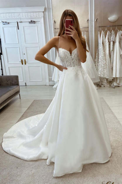 Glamorous Long A-line Sleeveless V-neck Satin Wedding Dress With Lace-BMbridal.com
