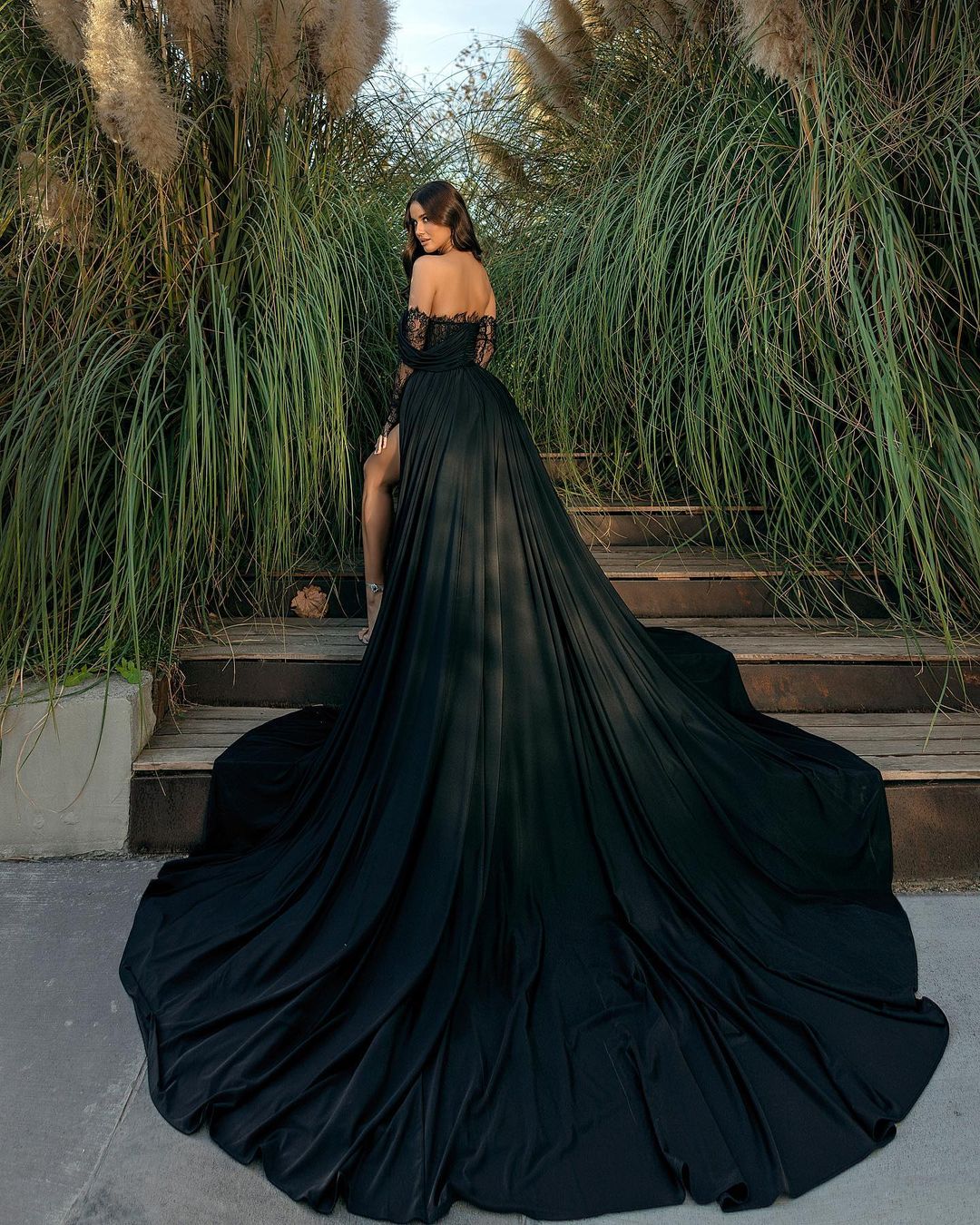 Glamorous Long Black Off-the-shoulder Lace Split Evening Dress With Slit-BMbridal.com