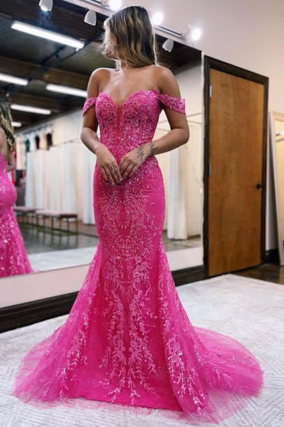 Glamorous Long Mermaid Off-the-shoulder Lace Sleeveless Tulle Prom Dress-BMbridal.com