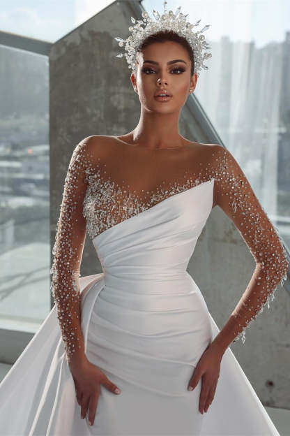 Glamorous Long White Long Sleeves Satin Crystal Wedding Dress With Detachable Train-BMbridal.com