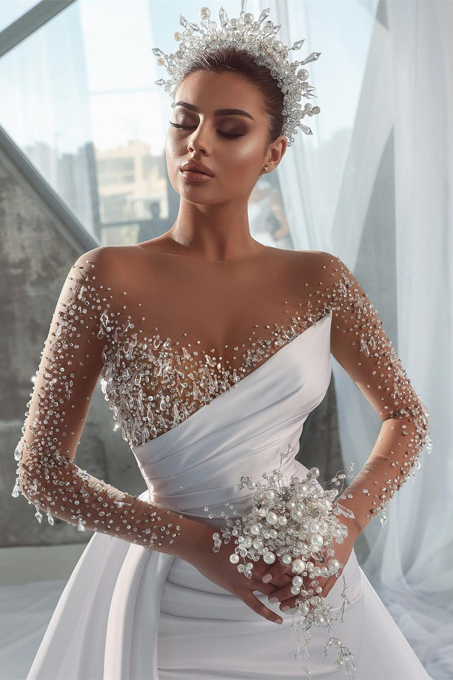 Glamorous Long White Long Sleeves Satin Crystal Wedding Dress With Detachable Train-BMbridal.com