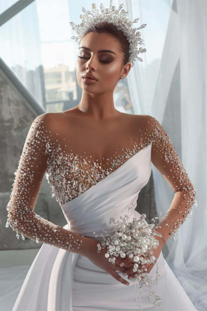 Glamorous Long White Long Sleeves Satin Crystal Wedding Dress With Detachable Train-BMbridal.com