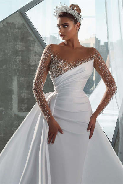 Glamorous Long White Long Sleeves Satin Crystal Wedding Dress With Detachable Train-BMbridal.com
