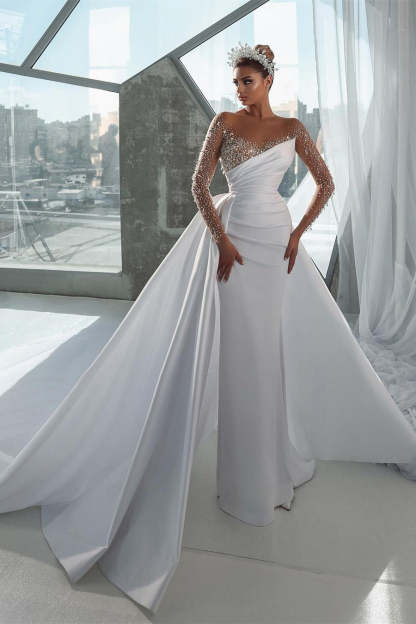 Glamorous Long White Long Sleeves Satin Crystal Wedding Dress With Detachable Train-BMbridal.com