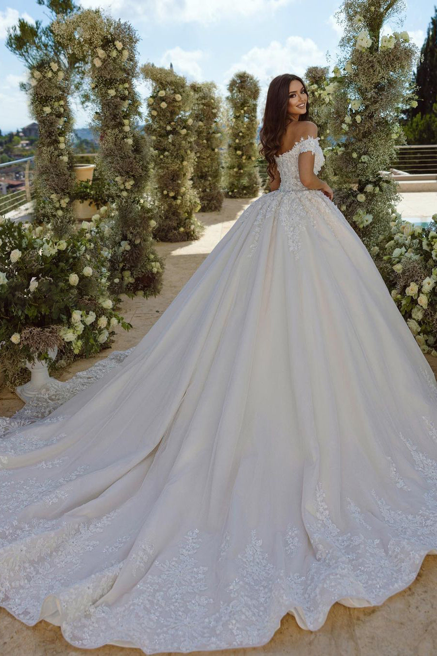 Glamorous Off-the-shoulder V-neck Appliques Lace A-line Wedding Dress-BMbridal.com