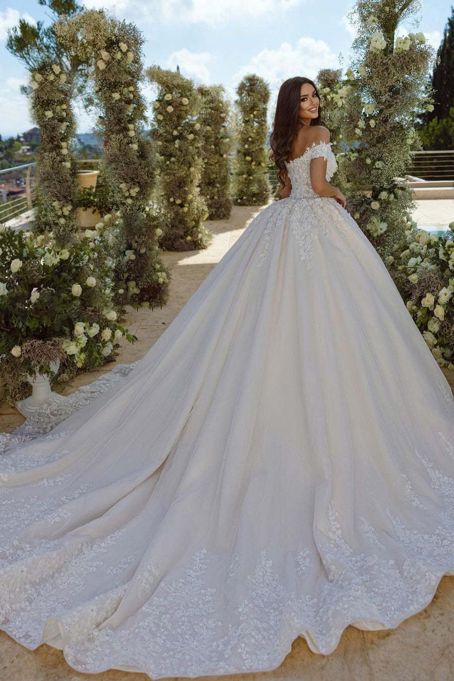 Glamorous Off-the-shoulder V-neck Appliques Lace A-line Wedding Dress-BMbridal.com