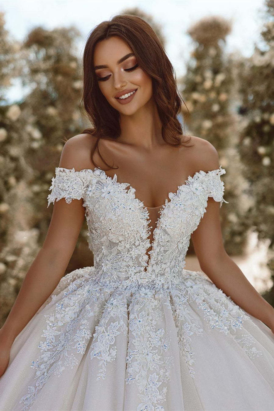 Glamorous Off-the-shoulder V-neck Appliques Lace A-line Wedding Dress-BMbridal.com