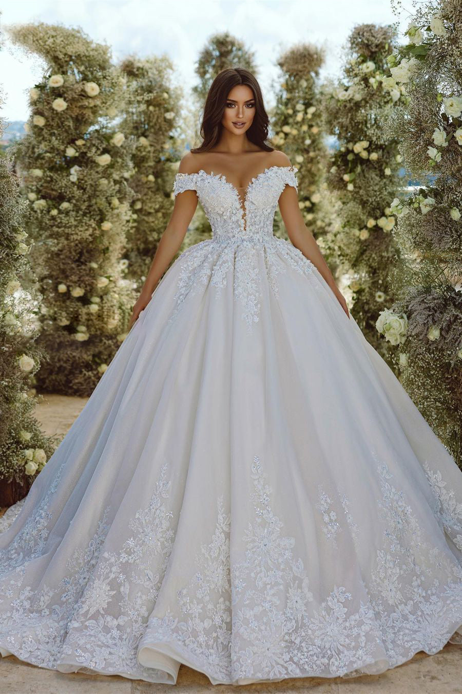 Glamorous Off-the-shoulder V-neck Appliques Lace A-line Wedding Dress-BMbridal.com