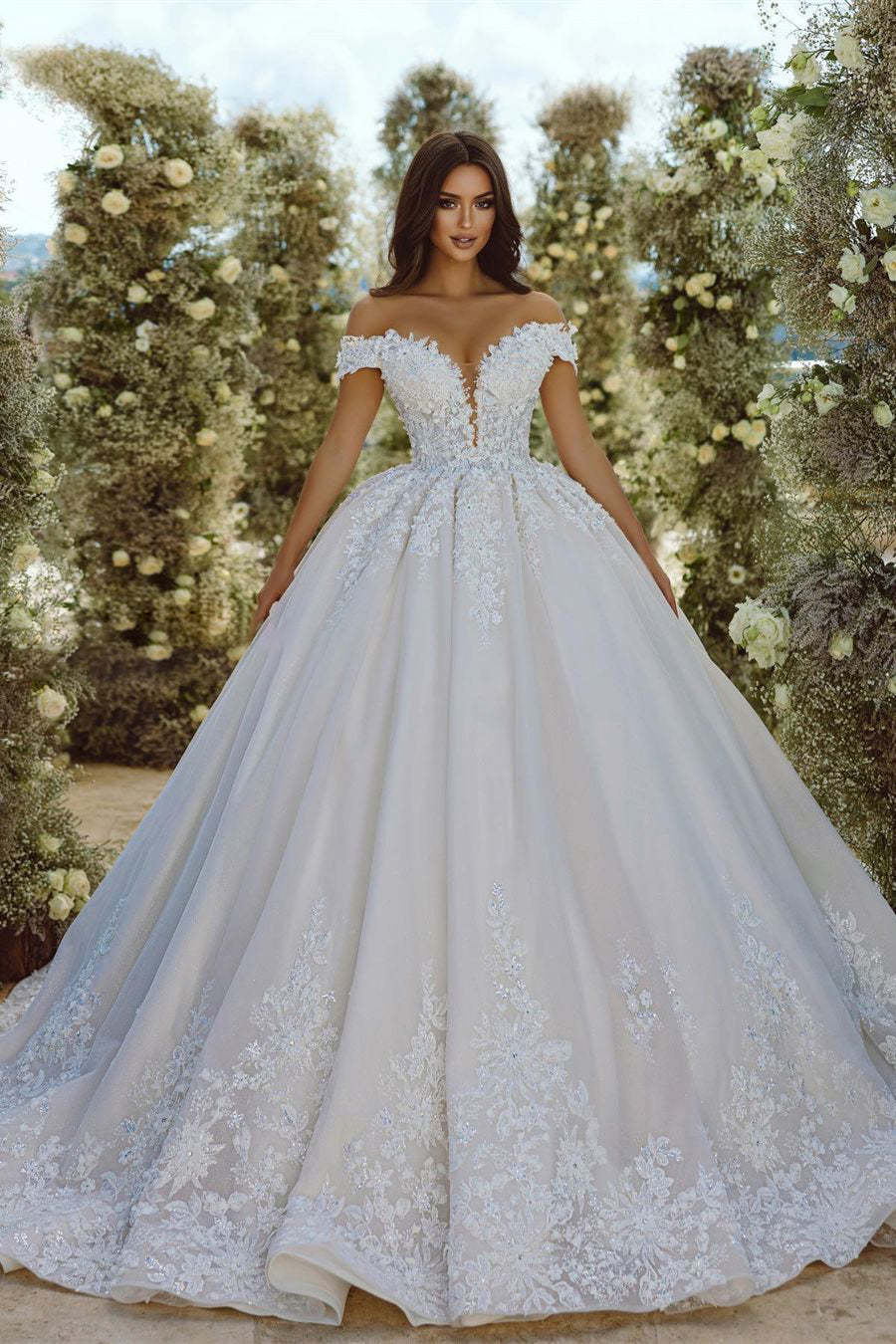 Glamorous Off-the-shoulder V-neck Appliques Lace A-line Wedding Dress-BMbridal.com