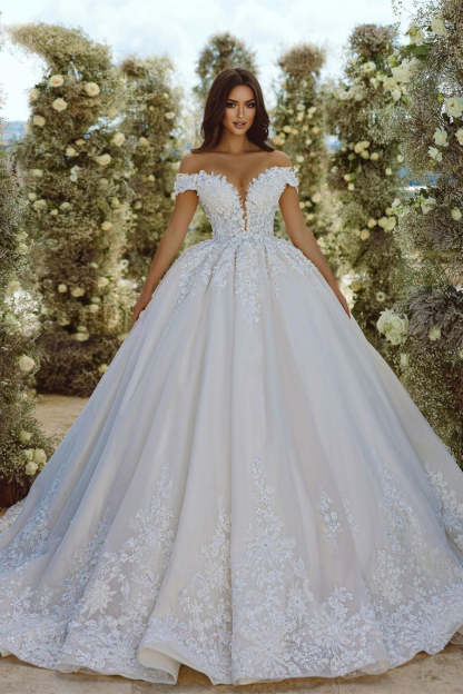 Glamorous Off-the-shoulder V-neck Appliques Lace A-line Wedding Dress-BMbridal.com