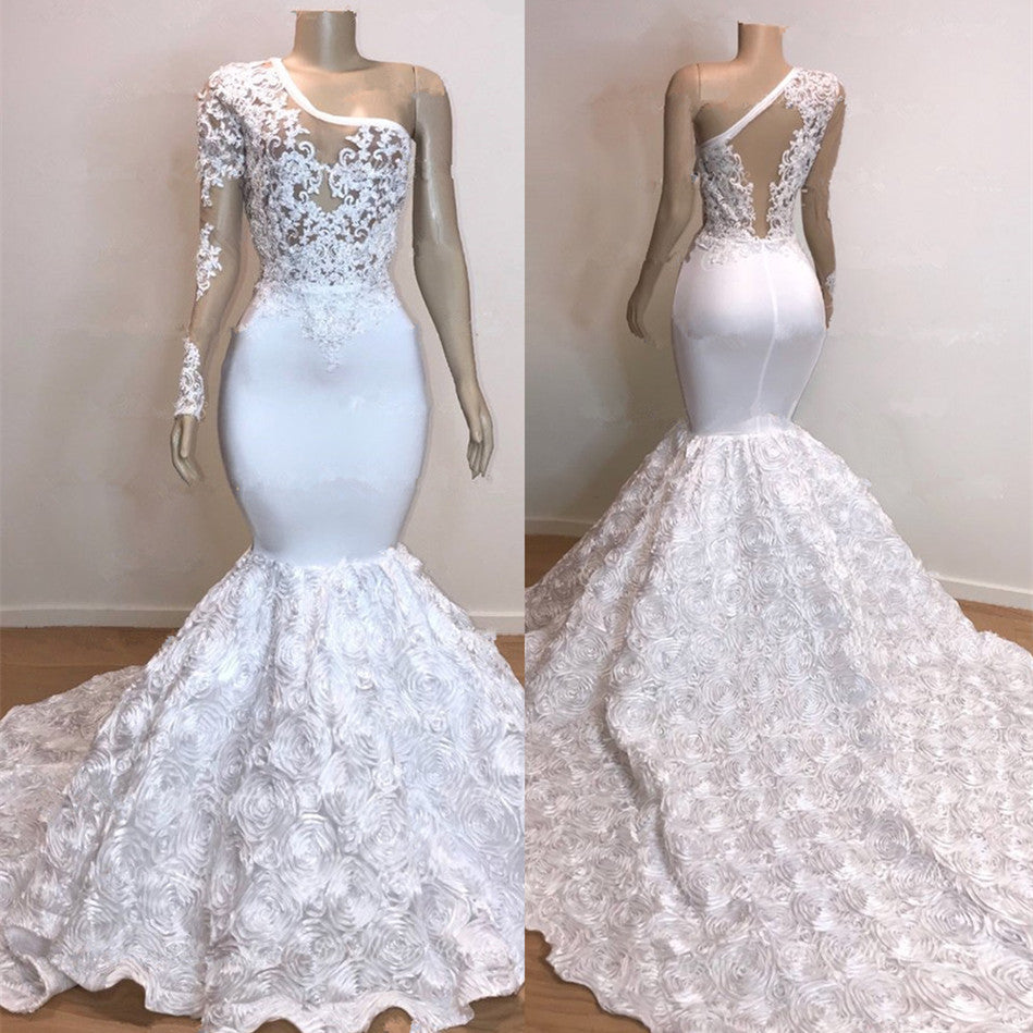 Glamorous One Shoulder Long Sleeve White Prom Dress-BMbridal.com