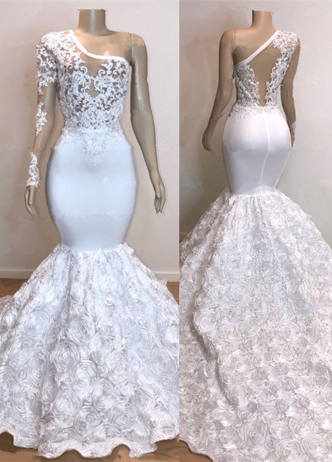 Glamorous One Shoulder Long Sleeve White Prom Dress-BMbridal.com