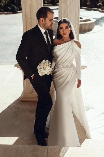 Glamorous one shoulder long sleeves mermaid satin Wedding dress with ruffles-BMbridal.com
