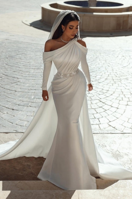 Glamorous one shoulder long sleeves mermaid satin Wedding dress with ruffles-BMbridal.com