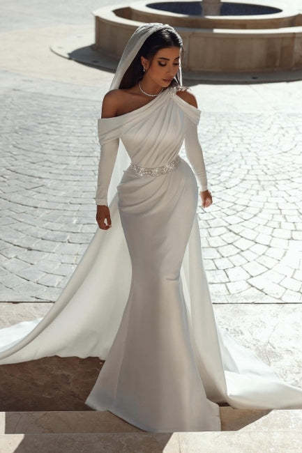Glamorous one shoulder long sleeves mermaid satin Wedding dress with ruffles-BMbridal.com