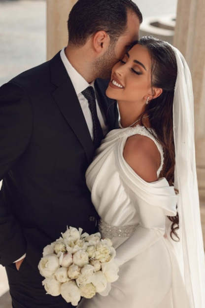 Glamorous one shoulder long sleeves mermaid satin Wedding dress with ruffles-BMbridal.com