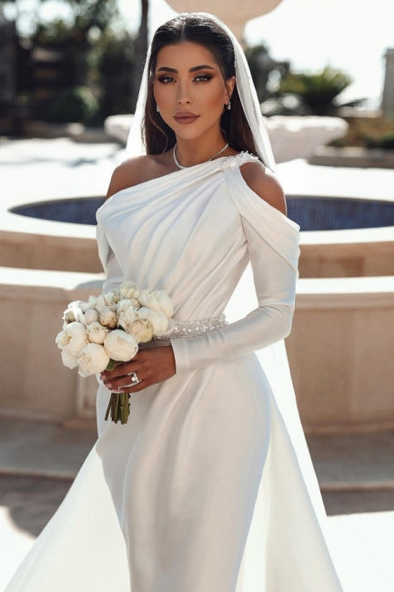 Glamorous one shoulder long sleeves mermaid satin Wedding dress with ruffles-BMbridal.com