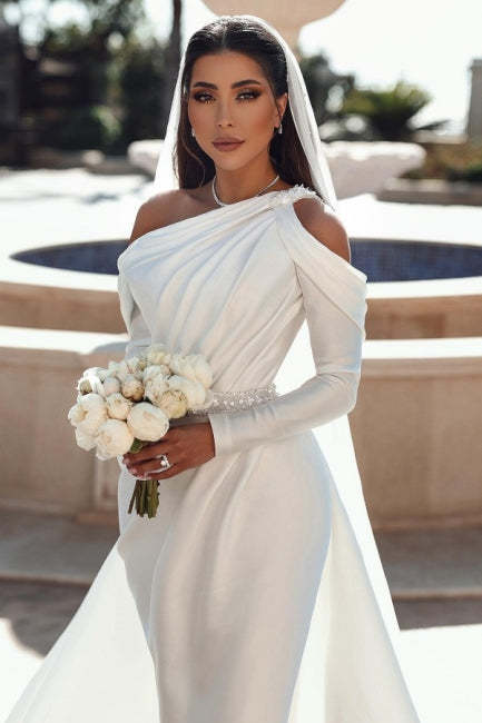 Glamorous one shoulder long sleeves mermaid satin Wedding dress with ruffles-BMbridal.com