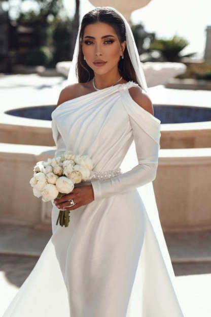 Glamorous one shoulder long sleeves mermaid satin Wedding dress with ruffles-BMbridal.com