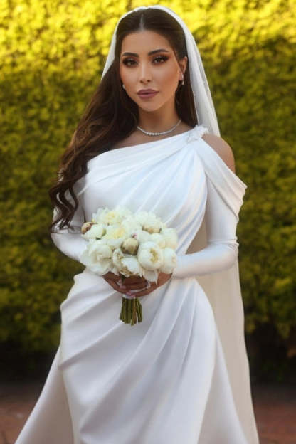 Glamorous one shoulder long sleeves mermaid satin Wedding dress with ruffles-BMbridal.com