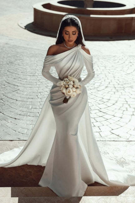 Glamorous one shoulder long sleeves mermaid satin Wedding dress with ruffles-BMbridal.com