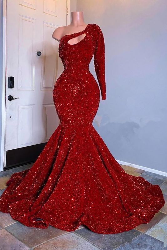 Glamorous Red Long Sleeves One-Shoulder Mermaid Prom Dress Sequins-BMbridal.com