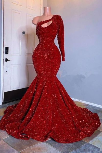 Glamorous Red Long Sleeves One-Shoulder Mermaid Prom Dress Sequins-BMbridal.com