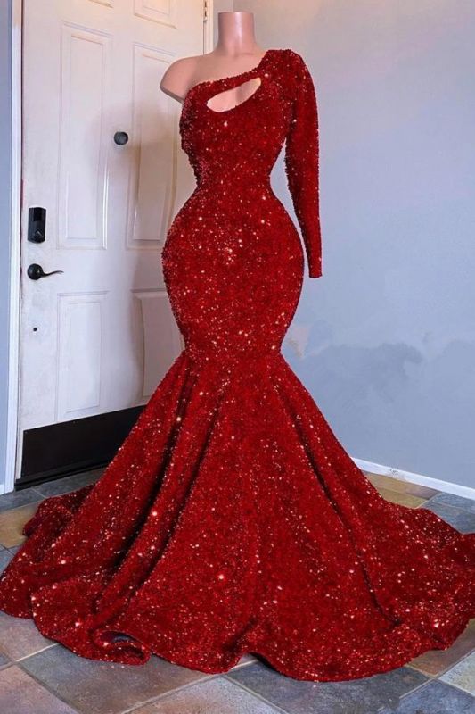 Glamorous Red Long Sleeves One-Shoulder Mermaid Prom Dress Sequins-BMbridal.com