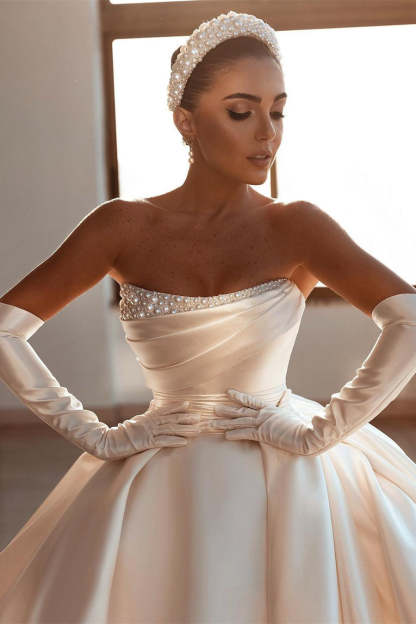 Glamorous White A-line Beading Satin Wedding Dress With Train-BMbridal.com