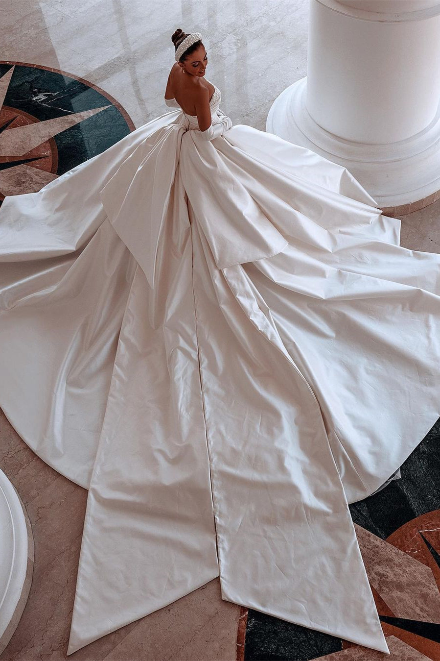 Glamorous White A-line Beading Satin Wedding Dress With Train-BMbridal.com