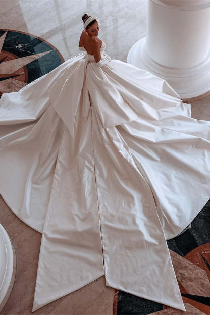 Glamorous White A-line Beading Satin Wedding Dress With Train-BMbridal.com