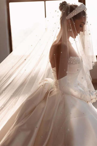 Glamorous White A-line Beading Satin Wedding Dress With Train-BMbridal.com