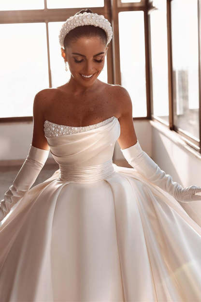 Glamorous White A-line Beading Satin Wedding Dress With Train-BMbridal.com