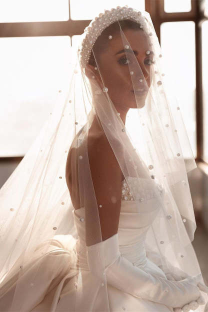 Glamorous White A-line Beading Satin Wedding Dress With Train-BMbridal.com