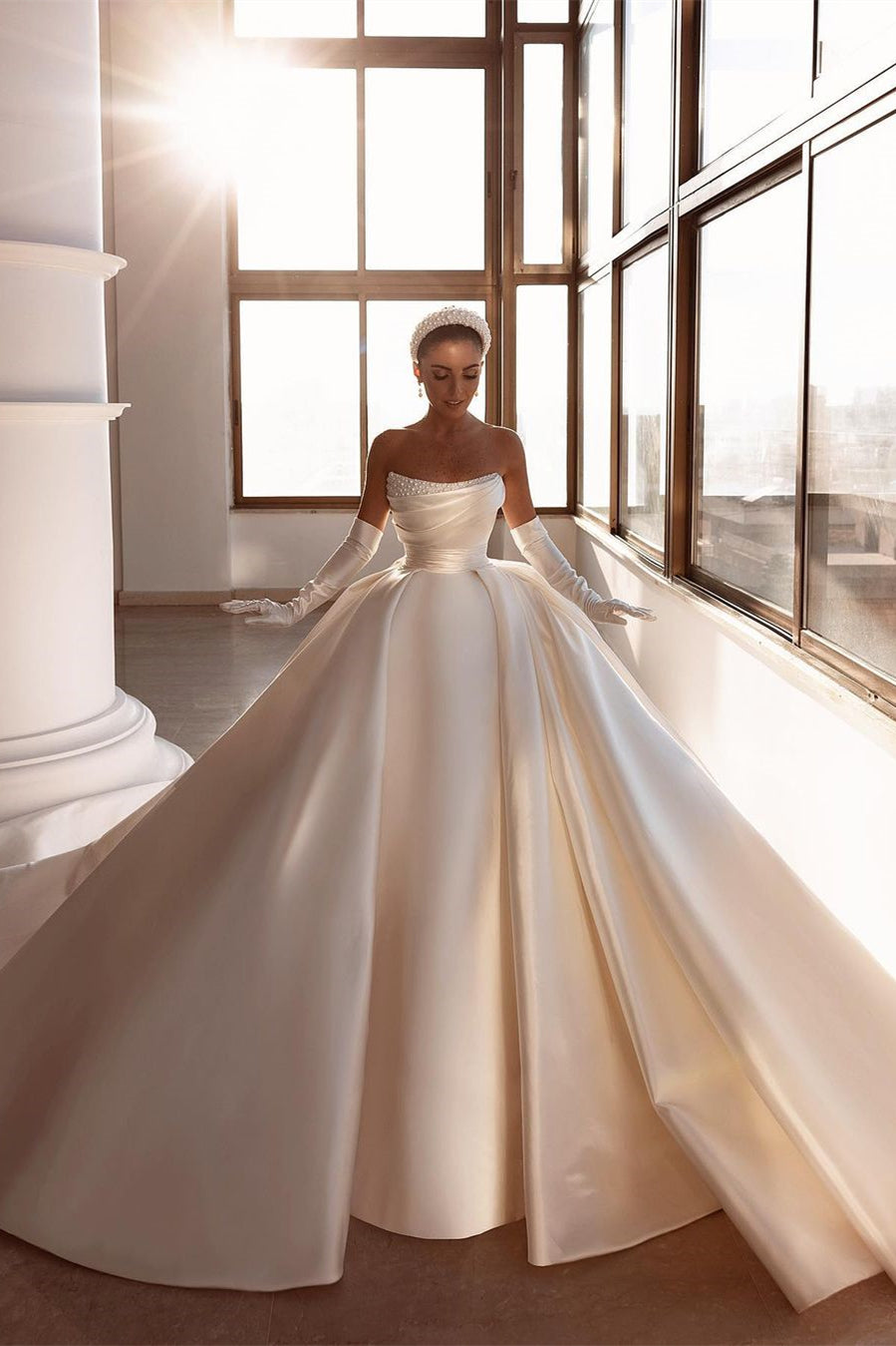 Glamorous White A-line Beading Satin Wedding Dress With Train-BMbridal.com