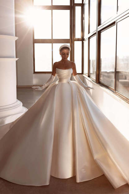 Glamorous White A-line Beading Satin Wedding Dress With Train-BMbridal.com