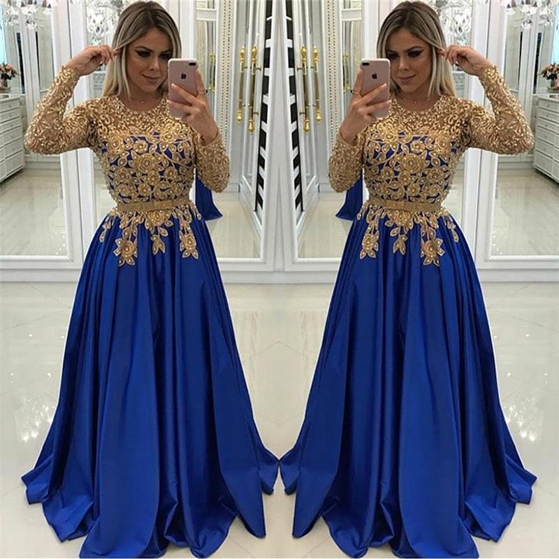 Gold Beads Lace Appliques Evening Dress with Sleeves-BMbridal.com